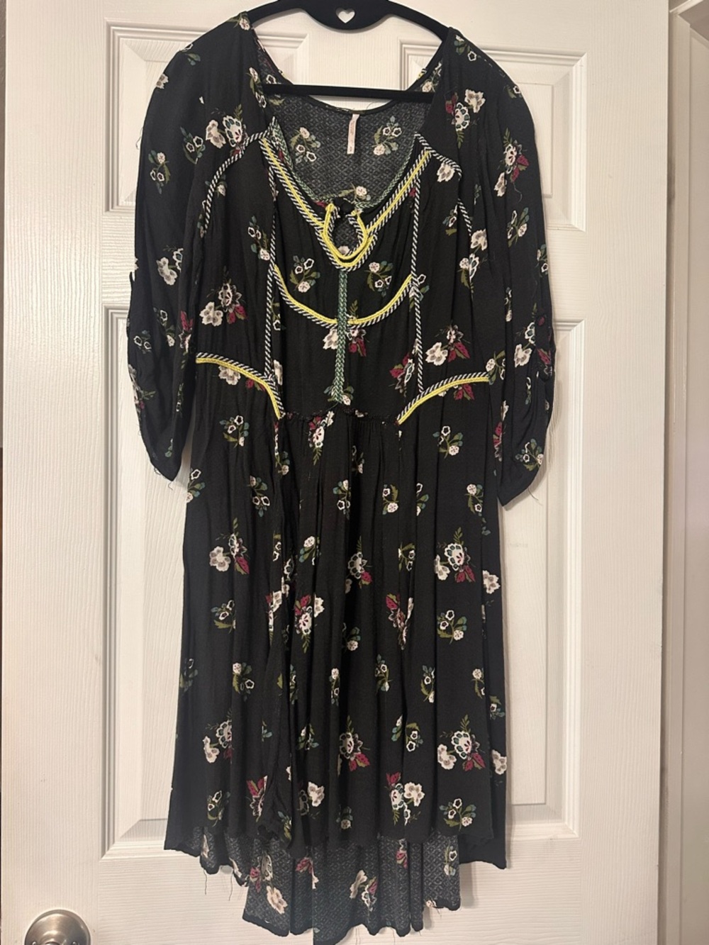 Free People Black Floral Midi Dress with Yellow Embroidered Trim